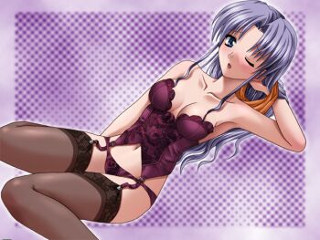 blue_eyes bustier character_request corset garter_belt long_hair nylons panties purple_panties silver_hair source_request thighhighs underwear wince