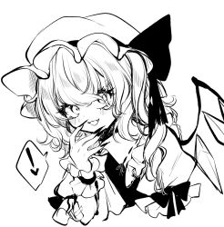 Rule 34 | !, 1girl, ascot, blush, collared shirt, crystal, fangs, fingernails, flandre scarlet, frilled shirt collar, frills, greyscale, hat, highres, long fingernails, long hair, looking at viewer, mob cap, monochrome, nail polish, open mouth, sharp fingernails, shirt, short sleeves, side ponytail, simple background, smile, solo, spoken exclamation mark, touhou, upper body, vest, white background, wings, wrist cuffs, yoma (lycoris109)