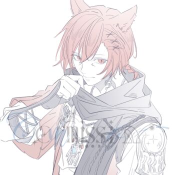 1boy animal_ears arm_up black_scarf cat_boy cat_ears chi_953612 closed_mouth commentary commission facial_mark final_fantasy final_fantasy_xiv g'raha_tia highres looking_to_the_side male_focus miqo'te red_eyes red_hair scarf sideways_glance simple_background slit_pupils smile solo symbol-only_commentary upper_body watermark white_background