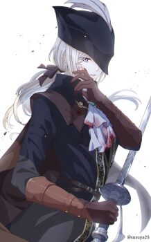 1girl artist_name ascot black_coat black_hat blood blood_on_clothes blood_on_face bloodborne blue_eyes brown_gloves coat gloves hashtag-only_commentary hat hat_feather highres holding holding_sword holding_weapon lady_maria_of_the_astral_clocktower long_hair low_ponytail ponytail simple_background solo susukeya sword tricorne twitter_username weapon white_ascot white_background white_hair