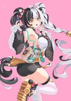 1girl absurdres ahoge ass bare_shoulders black_hair black_shorts braid braided_twintails breasts china_dress chinese_clothes commentary corded_phone detached_sleeves dialyn_(zenless_zone_zero) double_bun dress earrings english_commentary finger_to_mouth hair_bun hair_extensions hair_intakes hair_ornament hairclip hand_up highres hoavu holding holding_phone jewelry leg_up looking_at_viewer medium_breasts multicolored_hair necktie open_mouth panda_hair_ornament phone pink_background pink_nails ring_hair_extensions shorts sideboob solo sparkle sparkling_eyes split-color_hair thighhighs twitter_username white_hair white_thighhighs yellow_eyes yellow_necktie zenless_zone_zero