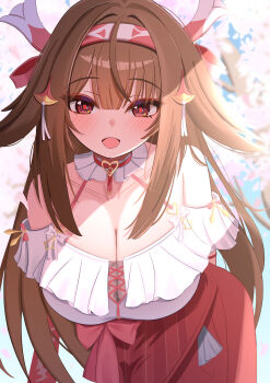 1girl absurdres animal_ear_fluff animal_ears armband arms_behind_back bare_shoulders blue_sky breasts brown_hair cherry_blossoms cleavage collar collarbone commentary_request cross-laced_clothes cross-laced_top droopy_ears falling_petals frilled_armband frilled_collar frilled_shirt frilled_shirt_collar frills hairband high-waist_skirt highres horse_ears horse_girl kurenaiaoi0 large_breasts leaning_forward long_hair long_skirt looking_at_viewer multicolored_hairband official_alternate_costume open_mouth outdoors petals red_eyes red_skirt shadow shirt skirt sky solo very_long_hair white_armband white_hairband ye_shunguang ye_shunguang_(touch_of_dawnlight) zenless_zone_zero