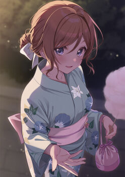 Rule 34 | 1girl, bag, blue eyes, blue kimono, blush, brown hair, commentary, cotton candy, courreges ace, floral print, floral print kimono, food, gakuen idolmaster, highres, himesaki rinami, holding, holding bag, holding cotton candy, holding food, idolmaster, japanese clothes, kimono, looking at viewer, obi, print kimono, sash, smile, solo, wide sleeves, yukata