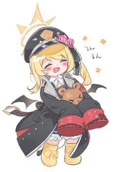 1girl ankle_boots black_coat black_hat black_wings blonde_hair blue_archive blush boots closed_eyes coat commentary_request detached_wings full_body halo hat hat_ornament holding holding_stuffed_toy ibuki_(blue_archive) long_sleeves multicolored_coat open_clothes open_coat open_mouth red_coat sleeves_past_wrists solo standing stuffed_animal stuffed_toy translation_request two-tone_coat uito_yzwa wings yellow_boots yellow_halo