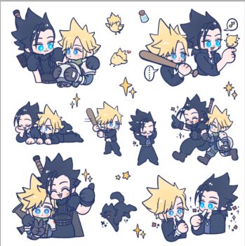 ... 105zz 2boys animal armor bandaid bandaid_on_cheek bandaid_on_face baseball_bat black_cat black_gloves black_hair black_jacket black_pants blonde_hair blue_eyes blue_shirt buster_sword cat cloud_strife cloud_strife_(midgard_seventh_high_school) commentary_request crisis_core:_final_fantasy_vii delinquent final_fantasy final_fantasy_vii final_fantasy_vii:_ever_crisis food full_body gakuran gloves green_scarf hand_on_another&#039;s_shoulder helmet holding holding_baseball_bat holding_food holding_popsicle holding_unworn_helmet jacket looking_at_another lying male_focus motion_lines multiple_boys multiple_views musical_note official_alternate_costume on_stomach pants popsicle running scarf school_uniform shinra_infantry_uniform shirt shoulder_armor simple_background sleeveless sleeveless_turtleneck sparkle spiked_hair spoken_ellipsis spoken_musical_note sweater sword sword_on_back thumbs_up turtleneck turtleneck_sweater unworn_headwear unworn_helmet upper_body weapon weapon_on_back white_background zack_fair zack_fair_(midgard_seventh_high_school)