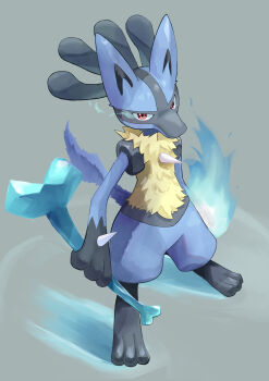 1other absurdres bone commentary english_commentary full_body furry gen_4_pokemon highres holding illustrattyako looking_at_viewer lucario nintendo other_focus pokemon pokemon_(creature) red_eyes simple_background solo spikes standing tail