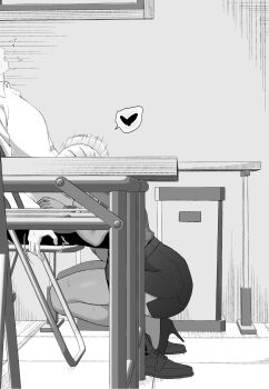 1boy 1girl absurdres afterimage chair commentary_request dark-skinned_female dark_skin from_side ganguro greyscale gyaru heart hetero highres implied_fellatio indoors leaning_back leaning_forward monochrome motion_lines nannann office_lady on_chair original pencil_skirt shoes sitting skirt spoken_heart squatting sweat table trembling