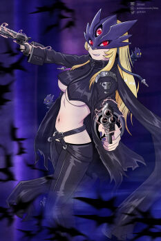 1girl absurdres beelstarmon belt black_belt black_coat black_pants black_vest blonde_hair blue_mask breasts bullet coat commentary cropped_vest digimon digimon_(creature) electricity english_commentary eye_mask fang glowing glowing_eyes grin groin gun highres holding holding_gun holding_weapon large_breasts leather leather_pants lipstick long_hair looking_at_viewer makeup mask mixed-language_commentary multiple-barrel_gun navel no_gloves pants patreon_username pixiv_username purple_lips purple_nails red_eyes sidelocks signature simple_bat smile solo standing stomach teeth third_eye tight_clothes tight_pants twitter_username twobless underboob vest weapon zipper