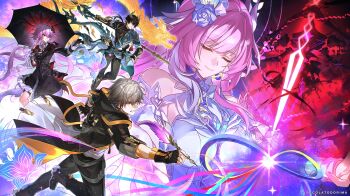 absurdres caelus_(honkai:_star_rail) cioccolatodorima closed_eyes commentary cyrene_(honkai:_star_rail) dan_heng_(honkai:_star_rail) dan_heng_(permansor_terrae)_(honkai:_star_rail) english_commentary evernight_(honkai:_star_rail) flower hair_flower hair_ornament highres honkai:_star_rail honkai_(series) march_7th_(honkai:_star_rail) official_alternate_eye_color pink_hair smile trailblazer_(honkai:_star_rail)