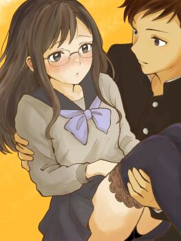 1boy 1girl black_hair black_panties black_shirt blue_bow blue_bowtie blue_sailor_collar blue_skirt blue_thighhighs blush bow bowtie brown_hair carrying character_request choppy_bangs closed_mouth commentary_request expressionless gakuran glasses grey_eyes grey_shirt highres hondy_(hondycore) juusan_kihei_bouei_ken lace lace-trimmed_thighhighs lace_trim long_hair long_sleeves looking_at_another nose_blush orange_background panties pantyshot parted_bangs princess_carry round_eyewear sailor_collar school_uniform serafuku shirt short_hair skirt thighhighs underwear very_short_hair