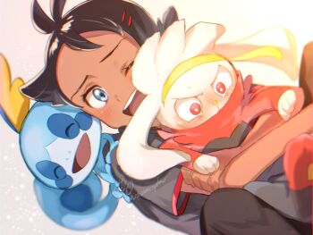 1boy ;d antenna_hair blush brown_hair chitozen_(pri_zen) commentary_request dark-skinned_male dark_skin eyelashes gen_8_pokemon goh_(pokemon) grey_eyes hair_ornament holding holding_pokemon male_focus nintendo on_shoulder one_eye_closed open_mouth pokemon pokemon_(anime) pokemon_(creature) pokemon_journeys pokemon_on_shoulder raboot short_sleeves smile sobble teeth tongue watermark