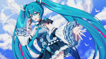 Rule 34 | 1girl, absurdres, aqua eyes, aqua hair, aqua necktie, aqua trim, bird, black trim, breasts, cloud, cloudy sky, commentary request, detached sleeves, frilled sleeves, frills, grey shirt, hair between eyes, hair ornament, hatsune miku, hatsune miku expo, highres, holding, holding microphone, long hair, long sleeves, looking at viewer, medium breasts, microphone, multicolored hair, necktie, open mouth, pink streaks, shirt, sky, sleeveless, sleeveless shirt, smile, solo, streaked hair, suj278, very long hair, vocaloid, white bird