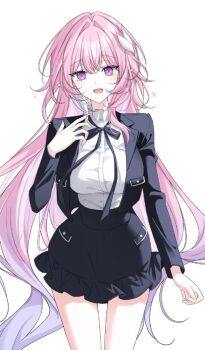 1girl alternate_costume black_coat black_skirt breasts cjdcjd616 coat commentary cowboy_shot cyrene_(demiurge)_(honkai:_star_rail) cyrene_(honkai:_star_rail) diamond-shaped_pupils diamond_(shape) hand_up honkai:_star_rail honkai_(series) large_breasts long_hair looking_at_viewer multicolored_hair open_mouth pink_hair purple_eyes purple_hair shirt simple_background skirt smile solo symbol-only_commentary symbol-shaped_pupils thighs very_long_hair white_background white_hair white_shirt