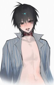 1boy alternate_universe bandaged_neck bandages black_eyes black_hair blood blood_on_face blood_on_neck bloody_bandages blush chinese_commentary collarbone collared_shirt dao_gui_yi_xian dice eyes_visible_through_hair grey_shirt hair_between_eyes highres hospital_gown li_huowang li_huowang_(modern_world) looking_at_viewer male_focus mouth_hold naked_shirt navel official_alternate_costume official_alternate_hair_length official_alternate_hairstyle open_clothes open_mouth open_shirt partially_undressed pectorals scar scar_on_face shigelaogutoukongle shirt short_hair simple_background solo striped_clothes striped_shirt teeth tongue tongue_hold tongue_out upper_body vertical-striped_clothes vertical-striped_shirt white_background