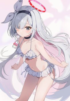 1girl absurdres alternate_costume bikini black_choker black_eyes black_hairband blue_archive braid choker colored_inner_hair expressionless frilled_bikini frills hair_over_one_eye hairband halo highres long_hair looking_at_viewer multicolored_hair plana_(blue_archive) red_halo red_pupils shirokuma_(zeroillya) single_braid solo swimsuit white_bikini white_hair