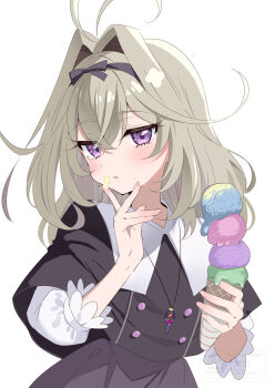 Rule 34 | 1girl, antenna hair, black capelet, buttons, capelet, commentary request, double-breasted, food, food on face, grey hair, hair intakes, hair ribbon, highres, holding, holding food, holding ice cream, ice cream, ice cream on face, jewelry, looking at viewer, medium hair, meitantei precure!, moria luluka, necklace, piyopoyo, precure, purple eyes, ribbon, solo, three-quarter sleeves, upper body, white background