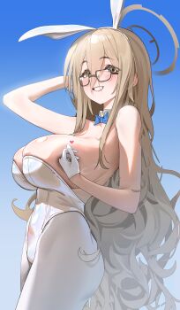 Rule 34 | 1girl, absurdres, akane (blue archive), akane (bunny) (blue archive), animal ears, black-framed eyewear, blue archive, breasts, brown hair, brown halo, cleavage, commentary request, fake animal ears, glasseq, halo, highres, large breasts, leotard, long hair, looking at viewer, official alternate costume, pantyhose, playboy bunny, rabbit ears, tagua, white leotard, white pantyhose
