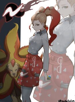 1girl apron black_bow black_bowtie blue_eyes bo_(bouillustration) bow bowtie breasts closed_mouth gen_6_pokemon glasses gradient_hair griselle_(pokemon) highres holding holding_poke_ball mega_pokemon mega_pyroar multicolored_hair nintendo orange_apron orange_hair pantyhose poke_ball pokemon pokemon_(creature) pokemon_legends:_z-a ponytail pyroar quick_ball red_hair shirt split_ponytail two-tone_hair waist_apron white_hair white_pantyhose white_shirt zoom_layer