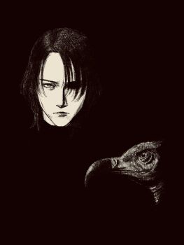 1girl animal_request bird black_background black_hair greyscale highres long_hair monochrome original shaded_eye shadow solo straight-on tp_p_pt