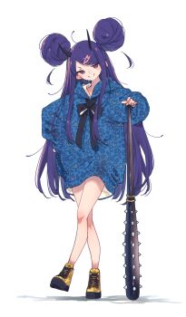 Rule 34 | 1girl, absurdres, black bow, black bowtie, blue hoodie, bow, bowtie, c:, closed mouth, club, club (weapon), commentary request, demon horns, double bun, full body, hair bun, hair ornament, hamayumiba sou, hand on own hip, heart, heart hair ornament, highres, holding, holding club, holding weapon, hood, hoodie, horns, kanabou, long hair, long hoodie, long sleeves, looking at viewer, ochikobore fruit tart, oversized clothes, sekino roko, shadow, shoes, simple background, smile, sneakers, solo, split mouth, standing, very long hair, weapon, white background, yellow shoes