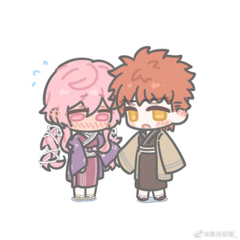 >_< 1girl :3 artist_self-insert blush bow breasts brown_kimono chibi chibi_inset couple dress emiya_shirou fate/stay_night fate_(series) full_body gaoyue_jixiang hair_ornament japanese_clothes kimono long_hair long_sleeves momomiya_shizuku_(gaoyue_jixiang) non-web_source oc_x_canon original pink_kimono sash simple_background skirt smile white_background |_|