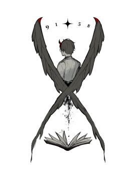 Rule 34 | 1boy, 614emilys, book, commentary, demon horns, english commentary, feathered wings, from behind, highres, horns, hourglass, kim dokja, male focus, omniscient reader's viewpoint, open book, short hair, solo, spot color, symbolism, upper body, wings