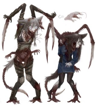 2girls absurdres animal_ears black_pantyhose blood blue_jacket body_horror brown_hair dead_space_(series) diu9you dog_ears dog_tail extra_arms gloves grey_hair guro highres horror_(theme) infector jacket long_sleeves missing_eye multiple_girls mutation necromorph pantyhose tail torn_clothes torn_pantyhose undead white_gloves zombie
