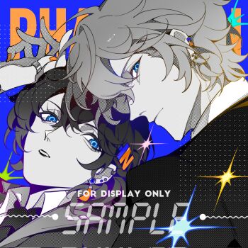 1boy 1girl alternate_costume belle_(zenless_zone_zero) black_hair black_lips black_necktie black_suit blue_background blue_eyes brother_and_sister closed_mouth commentary ear_piercing earrings english_commentary english_text formal_clothes grey_hair grey_jacket hair_between_eyes hair_ornament hand_on_own_head highres jacket jewelry letter_hair_ornament looking_at_viewer necktie open_mouth orange_nails piercing ring sample_watermark saskeboom shirt short_hair siblings sparkle suit suit_jacket upper_body watermark white_shirt wise_(zenless_zone_zero) zenless_zone_zero