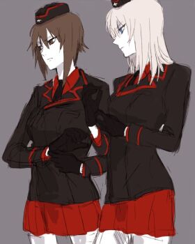 Rule 34 | 10s, 2girls, adjusting clothes, adjusting gloves, blonde hair, blue eyes, brown eyes, brown hair, cowboy shot, garrison cap, girls und panzer, gloves, grey background, hat, itsumi erika, kuromorimine military uniform, multiple girls, nishizumi maho, red skirt, short hair, sketch, skirt, umi zenbiraki