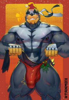 1boy abs bara bikini_briefs commentary covered_penis english_commentary furry furry_male gen_8_pokemon hat highres holly large_pectorals legendary_pokemon looking_at_viewer male_focus male_underwear muscular muscular_male navel nintendo nipples pectorals pokemon pokemon_(creature) santa_hat solo strongman_waist tanmoji_x thick_thighs thighs twitter_username underwear urshifu urshifu_(single)