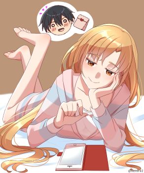 1girl :d absurdres artist_name asuna_(sao) bad_feet barefoot black_hair blue_shirt blush breasts brown_background brown_eyes brown_hair cellphone closed_mouth collarbone commentary_request gift hair_between_eyes half-closed_eyes hand_on_own_face hand_up head_only highres kirito layered_shirt long_hair long_sleeves looking_at_phone looking_down lying medium_breasts messy_hair o_o on_stomach open_mouth parted_bangs phone pink_shirt shirt short_hair smartphone smile solo straight_hair striped_clothes striped_shirt sword_art_online talking_on_phone tu_tora2 twitter_username white_shirt
