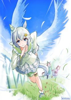 Rule 34 | 3girls, animal ears, black thighhighs, blue eyes, blue sky, blush, bow, braid, brown hair, clenched teeth, commentary request, dress, ear covers, flower, green dress, green sailor collar, green shorts, grey hair, hair between eyes, hair flower, hair ornament, hairclip, half up braid, highres, horse ears, horse girl, horse tail, jacket, king halo (king of emeralds) (umamusume), king halo (umamusume), layered shirt, long hair, long sleeves, multicolored hair, multiple girls, open mouth, outdoors, purple vest, running, sailor collar, seiun sky (reeling in the big one) (umamusume), seiun sky (umamusume), shirt, short hair, shorts, single ear cover, skirt, sky, special week (special dreamer) (umamusume), special week (umamusume), sunflower, sunflower hair ornament, tail, teeth, thighhighs, torinosukei, two-tone hair, umamusume, vest, white hair, white skirt, white thighhighs, wings