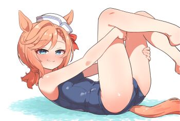 1girl animal_ears blue_eyes blue_one-piece_swimsuit blush braid breasts commentary_request ears_through_headwear grin hat highres holding_legs horse_ears horse_girl horse_tail legs_up looking_at_viewer lying medium_hair necktie one-piece_swimsuit orange_eyes orange_hair orange_necktie rotasu_(rotasqqfv) small_breasts smile solo swimsuit tail umamusume venus_paques_(umamusume) wet white_background white_hat