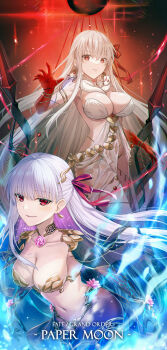 2girls absurdres armlet armor armpits bare_shoulders belly_chain bikini_armor blue_fire blue_hair blue_skin blush body_markings bracelet breasts cleavage collar collarbone colored_inner_hair colored_skin dress durga_(fate) durga_(first_ascension)_(fate) earrings fate/grand_order fate_(series) fire flower gradient_skin grey_hair hair_ribbon highres jewelry kama_(adult)_(fate) kama_(assassin)_(third_ascension)_(fate) kama_(fate) kama_(third_ascension)_(fate) large_breasts long_hair looking_at_viewer lotus luzi metal_collar multicolored_hair multiple_girls navel open_mouth pelvic_curtain polearm red_eyes red_skin revealing_clothes ribbon sash smile snake thighlet thighs thumb_ring two-tone_hair vajra_(object) very_long_hair weapon white_dress white_hair