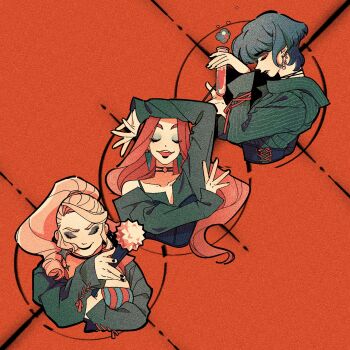 3girls 3itches black_dress black_hair black_lips black_nails blonde_hair chinese_commentary choker commentary_request dress earrings eyeshadow highres holding holding_test_tube jewelry long_hair makeup multiple_girls olivia_(3itches) orange_background orange_hair ponytail profile short_hair smile swept_bangs test_tube tina_(3itches) tweetyq1961 upper_body vivian_(3itches)