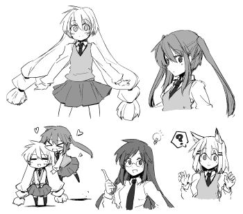 Rule 34 | > <, 4girls, = =, ?, animal ears, aono makishi, closed eyes, glasses, greyscale, hair ornament, hairclip, heart, light bulb, long hair, lysander z, monochrome, multiple girls, nanase yae, necktie, niwatazumi keiko, school uniform, skirt, smile, torikoro, twintails, very long hair, yuzaki tatami