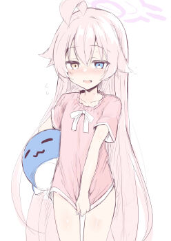 1girl absurdres ahoge blue_archive blue_eyes blush breasts hair_between_eyes halo heterochromia highres hoshino_(blue_archive) long_hair looking_at_viewer open_mouth pink_hair pink_shirt sen_(astronomy) shirt short_sleeves small_breasts smile solo stuffed_toy thighs yellow_eyes
