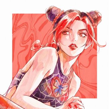 1girl abstract_background black_hair border braid braided_base braided_ponytail bun_with_braided_base commentary cone_hair_bun crop_top double_bun english_commentary hair_bun highres jojo_no_kimyou_na_bouken kuujou_jolyne leaning_forward lipstick looking_to_the_side makeup multicolored_hair outside_border parted_lips print_shirt red_background red_eyes red_hair red_lips red_theme shirt sideways_glance sleeveless sleeveless_shirt solo spider_web_print springbloomed26 stone_ocean two-tone_hair white_border