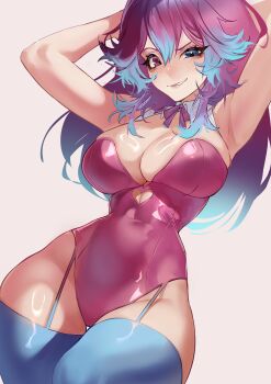 1girl absurdres armpits arms_behind_head arms_up blue_eyes blue_hair breasts cleavage clothing_cutout colored_tips cottontail_(vtuber) freckles gradient_hair heart_cutout heterochromia highres huge_breasts indie_virtual_youtuber large_breasts long_hair multicolored_hair narrow_waist pink_eyes pink_hair playboy_bunny rabbit_girl raised_eyebrow ribbon smirk suliavtuber thick_thighs thighhighs thighs virtual_youtuber white_background wide_hips