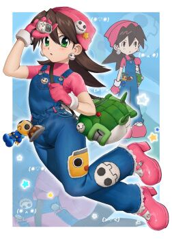 1girl beanie blue_overalls border brown_hair green_eyes hat highres karen_(karenoni1031) medium_hair mega_man_(series) mega_man_legends_(series) overalls pink_hat pink_shirt pink_shoes print_overalls servbot_(mega_man) shirt shoes solo_focus tron_bonne_(mega_man) white_border