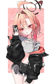 1girl ahoge alternate_costume black_coat black_shorts blue_archive cellphone coat crop_top cutoffs denim denim_shorts earrings flat_chest grey_shirt gyaru hair_between_eyes hair_over_shoulder halo high-waist_shorts highres holding holding_phone huge_ahoge jewelry medium_hair millennium_science_school_logo mo2upoyo navel necklace neru_(blue_archive) off-shoulder_coat off_shoulder open_clothes open_coat open_mouth orange_hair phone pink_background red_eyes shirt short_shorts shorts slit_pupils smartphone solo standing thigh_gap