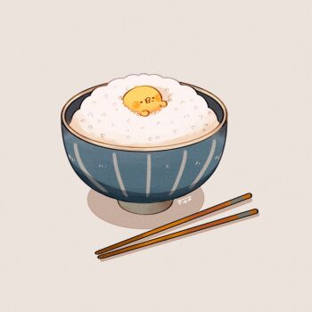 baby_animal bird bowl chick chicken chopsticks commentary_request food food_on_face kimipiyo_(tenmiyakiyo) no_humans on_food original rice rice_bowl simple_background tenmiyakiyo white_background