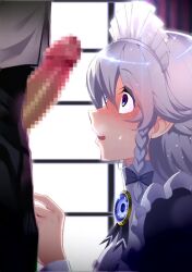 1boy 1girl animated blush bouncing braid brooch censored embarrassed erection from_side heavy_breathing imminent_fellatio izayoi_sakuya jewelry large_penis looking_at_penis maid maid_headdress mosaic_censoring nurunurubouzu penis penis_awe penis_slap scared sidelocks sound surprised sweat sweatdrop tagme touhou trembling twitching twitter_username unzipping video wide-eyed