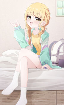 1girl blonde_hair blue_skirt blush braid collarbone commentary crossed_legs fang fujita_kotone gakuen_idolmaster highres hood hooded_jacket idolmaster indoors jacket long_hair looking_at_viewer miniskirt minto_yupo multicolored_jacket open_clothes open_jacket shirt sitting skin_fang skirt smile socks solo twin_braids white_socks yellow_eyes yellow_shirt
