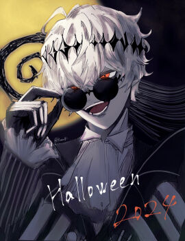 1boy 2924 black_crown crown diamond_hairband formal_clothes gloves highres jacket k_m_g_00 long_sleeves looking_at_viewer male_focus missing_tooth moon pinstripe_jacket pinstripe_pattern pinstripe_suit pinstripe_vest round_eyewear short_hair skeleton_print skully_j._graves smile solo striped_clothes striped_jacket striped_vest suit the_nightmare_before_christmas twisted_wonderland vertical-striped_clothes vertical-striped_vest vest white_hair