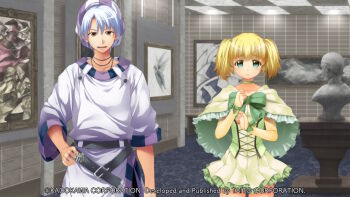 1boy 1girl aleph_coulson art_gallery atelier-moo belt black_belt blonde_hair bow breasts bridal_gauntlets brown_eyes capelet choker clenched_hands closed_mouth collarbone company_name copyright_notice corset cowboy_shot elbow_gloves game_cg gloves green_bow green_capelet green_choker green_eyes green_shirt grey_pants hair_between_eyes hand_on_own_hip hands_up hat indoors key large_variant_set long_shirt looking_at_viewer maria_short medium_hair miniskirt non-web_source official_art open_mouth painting_(object) pants picture_frame purple_hat purple_shirt raised_inner_eyebrows shirt short_hair short_twintails skirt small_breasts standing statue strapless strapless_shirt striped_hat tareme thighs three-quarter_sleeves tile_wall tiles twintails v-shaped_eyebrows variant_set white_hair yellow_gloves yuukyuu_gensoukyoku yuukyuu_gensoukyoku_revival