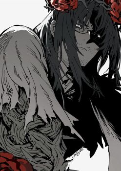 Rule 34 | 1boy, absurdres, alternate costume, artist name, bags under eyes, beard stubble, capelet, closed mouth, crown of thorns, dress, dutch angle, e.g.o (project moon), facial hair, flower, flower wreath, from below, from side, frown, garden of thorns (e.g.o), glaring, glasses, gregor (project moon), greyscale, hair flower, hair intakes, hair ornament, hair vines, hairband, half-closed eye, head wreath, highres, limbus company, limited palette, long hair, long sleeves, looking at viewer, looking down, looking to the side, male bride, male focus, monochrome, official alternate costume, parted bangs, photoshop (medium), plant, portrait, project moon, red flower, red rose, rose, sanpaku, sash, scowl, semi-rimless eyewear, serious, shaded face, shadow, shoulder sash, sidelocks, signature, simple background, solo, spot color, stubble, thorns, torn capelet, torn clothes, turtleneck, turtleneck dress, twitter username, under-rim eyewear, upper body, vines, white background, wreath