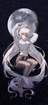1girl absurdly_long_hair absurdres ahoge arms_behind_head arms_up black_shorts blue_eyes breasts brown_pantyhose commission crop_top crop_top_overhang dolphin_shorts drawstring full_body headphones highres honkai_(series) honkai_impact_3rd jinnnnnn23 kiana_kaslana large_breasts long_hair long_sleeves looking_at_viewer midriff moon navel no_shoes pantyhose shirt short_shorts shorts solo space star_(sky) stomach very_long_hair white_hair white_shirt