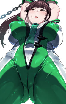 1girl absurdres arms_up bakkanki blush bodysuit breasts brown_eyes brown_hair cameltoe covered_erect_nipples eve_(stellar_blade) green_bodysuit highres large_breasts long_hair looking_at_viewer open_mouth ponytail solo stellar_blade thighs