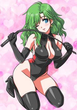 absurdres black_gloves black_leotard black_thighhighs boots breasts cleavage cleavage_cutout clothing_cutout commentary_request earrings elbow_gloves final_fantasy final_fantasy_iv gloves green_eyes green_hair head_tilt heart heart_background highres jewelry large_breasts leotard one_eye_closed pink_background riding_crop rydia_(ff4) star_(symbol) star_earrings thigh_boots thighhighs yuuyuu_(3jjbn) zipper_leotard